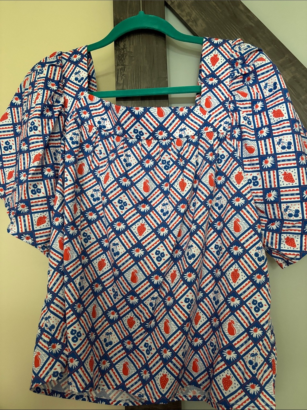 Women’s Short Sleeve Square Neck Blouse in Blue, White & Red